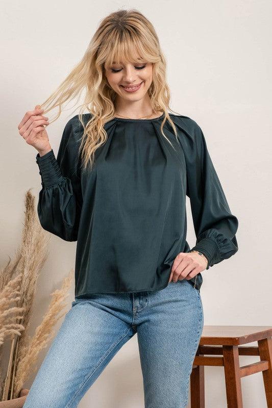 satin crew neck button cuff blouse - RK Collections Boutique