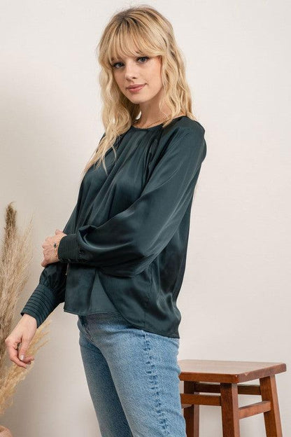 satin crew neck button cuff blouse - RK Collections Boutique