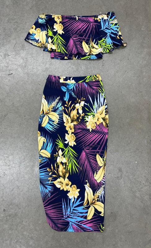 2pc set- tropical print off the shoulder tube top & midi skirt - RK Collections Boutique