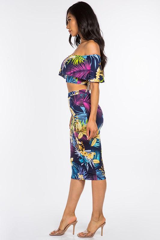 2pc set- tropical print off the shoulder tube top & midi skirt - RK Collections Boutique