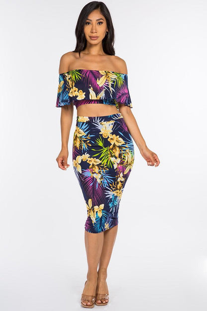 2pc set- tropical print off the shoulder tube top & midi skirt - RK Collections Boutique