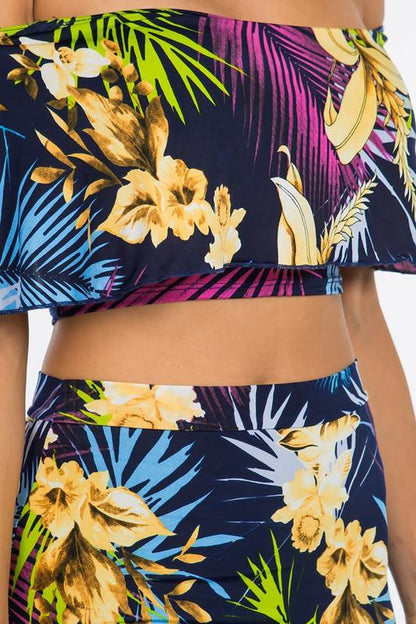 2pc set- tropical print off the shoulder tube top & midi skirt - RK Collections Boutique