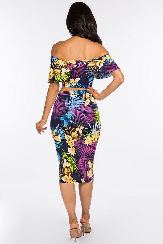 2pc set- tropical print off the shoulder tube top & midi skirt - RK Collections Boutique