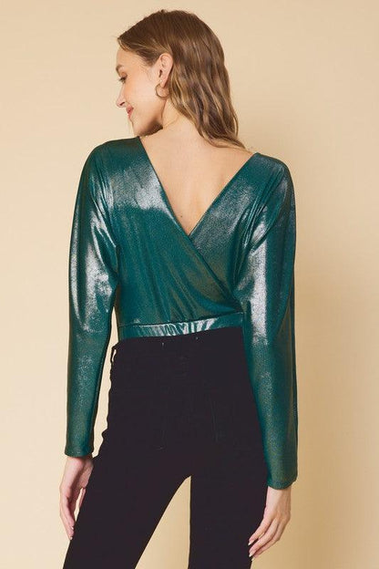 metallic slinky V-neck bodysuit - RK Collections Boutique