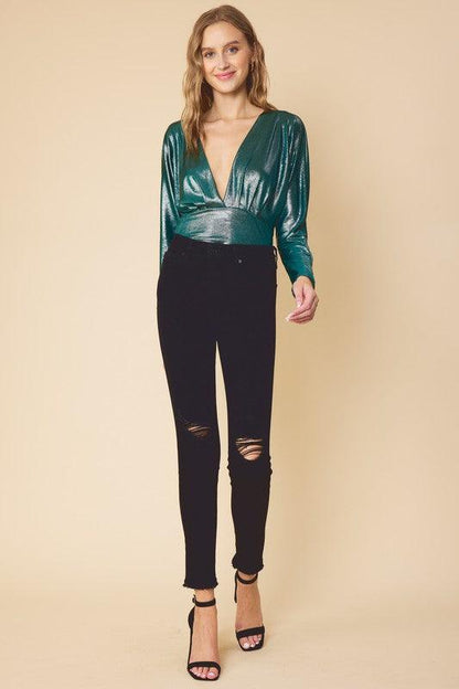 metallic slinky V-neck bodysuit - RK Collections Boutique