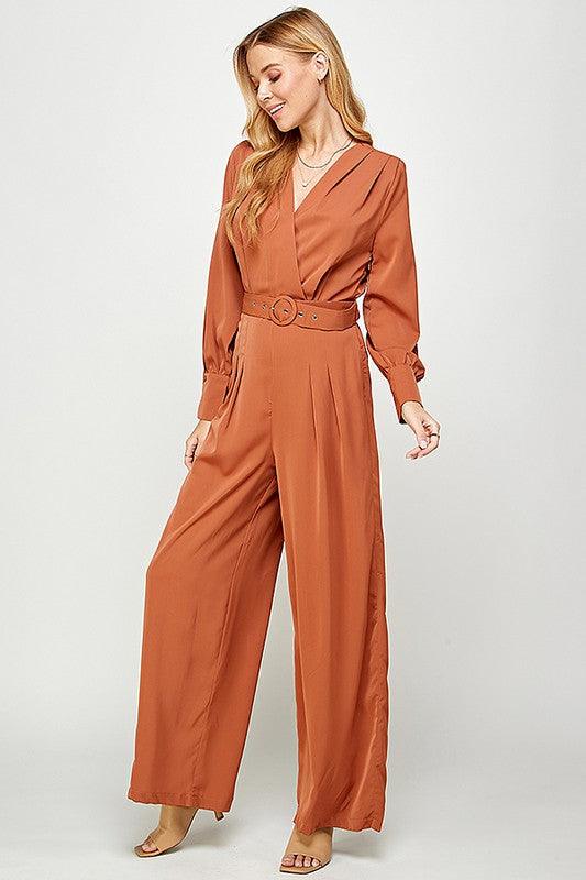 Long Sleeve Jumpsuit with Tucked Pleats Shoulder Detail - RK Collections Boutique