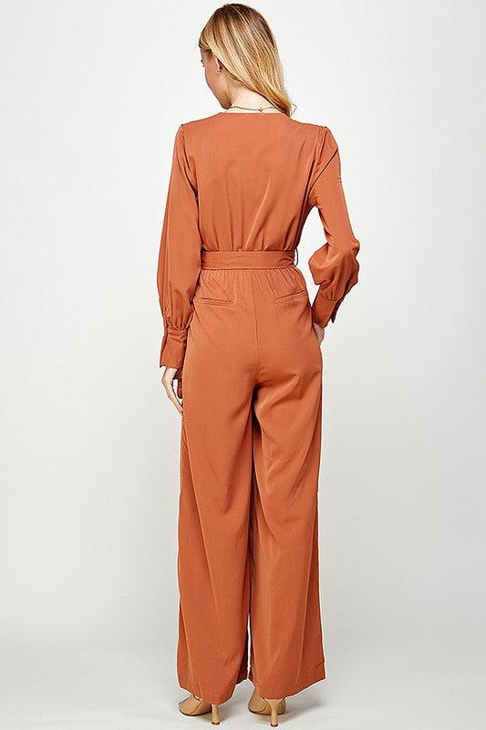 Long Sleeve Jumpsuit with Tucked Pleats Shoulder Detail - RK Collections Boutique