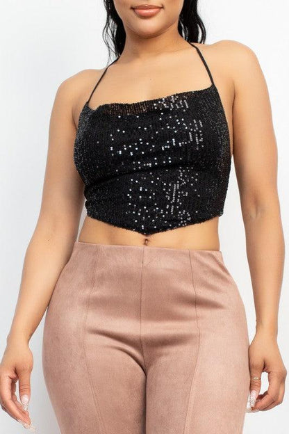 Cowl Neck Sequin Crop Top - RK Collections Boutique