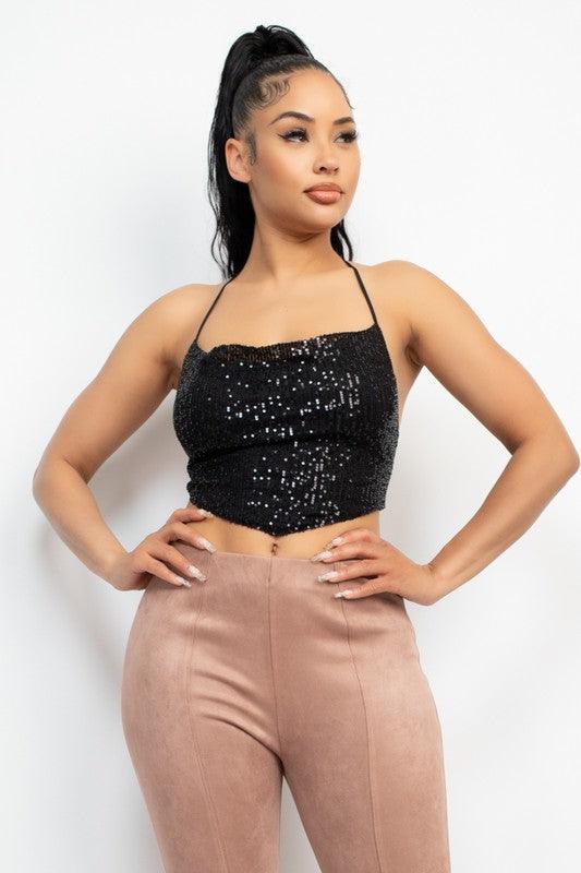 Cowl Neck Sequin Crop Top - RK Collections Boutique