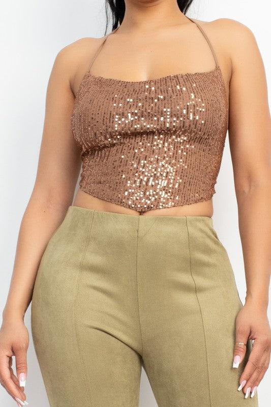 Cowl Neck Sequin Crop Top - RK Collections Boutique