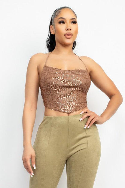 Cowl Neck Sequin Crop Top - RK Collections Boutique