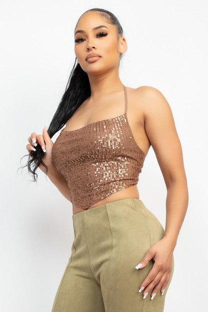 Cowl Neck Sequin Crop Top - RK Collections Boutique