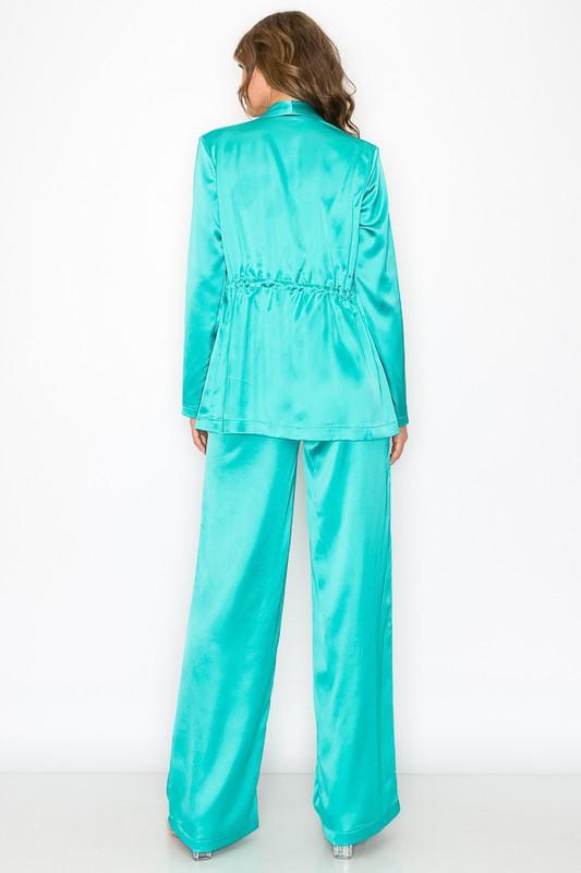 2pc set- satin drawstring blazer & wide leg pants - RK Collections Boutique