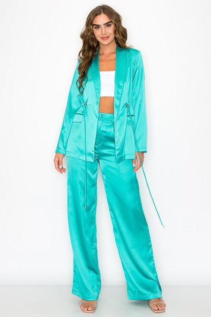 2pc set- satin drawstring blazer & wide leg pants - RK Collections Boutique