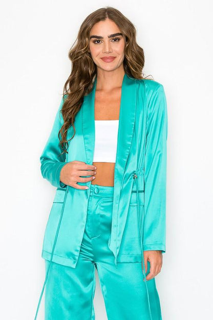 2pc set- satin drawstring blazer & wide leg pants - RK Collections Boutique