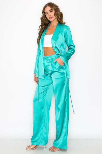 2pc set- satin drawstring blazer & wide leg pants - RK Collections Boutique