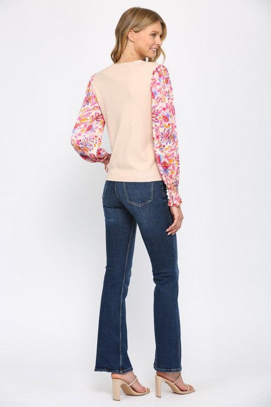 floral sleeve woven sweater - RK Collections Boutique