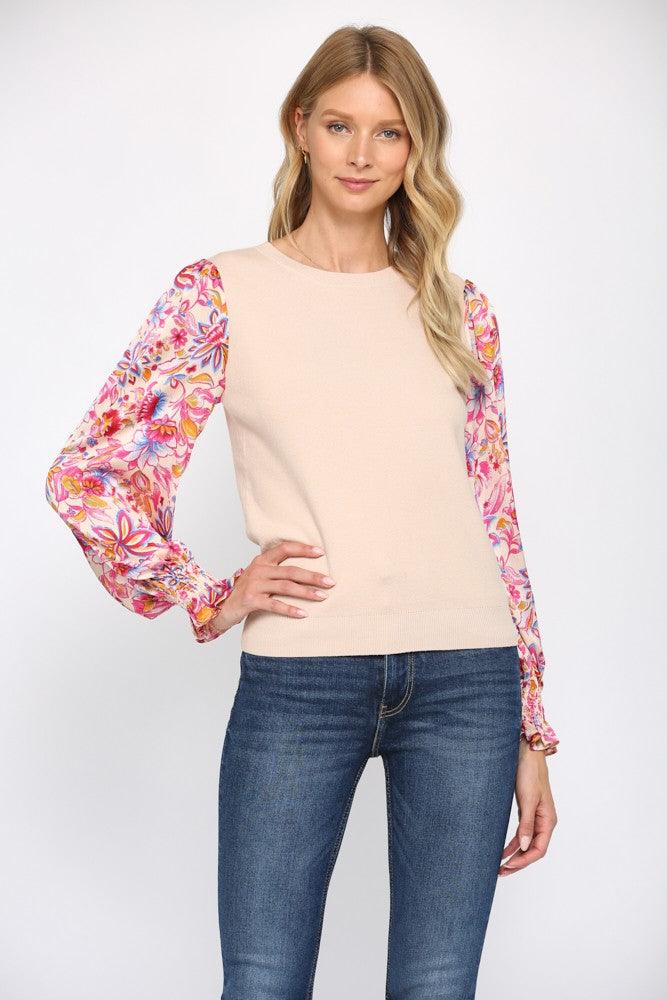 floral sleeve woven sweater - RK Collections Boutique