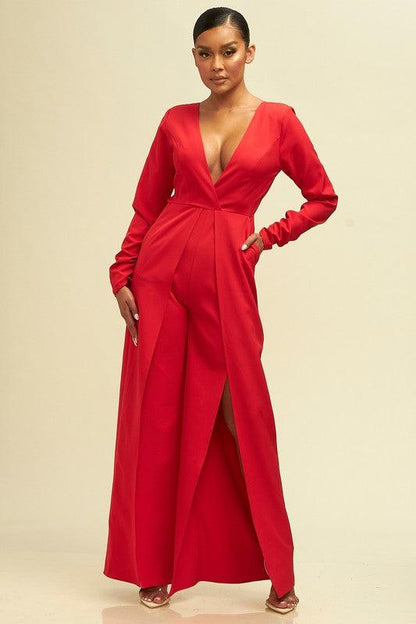 open back long sleeve split leg jumpsuit - RK Collections Boutique