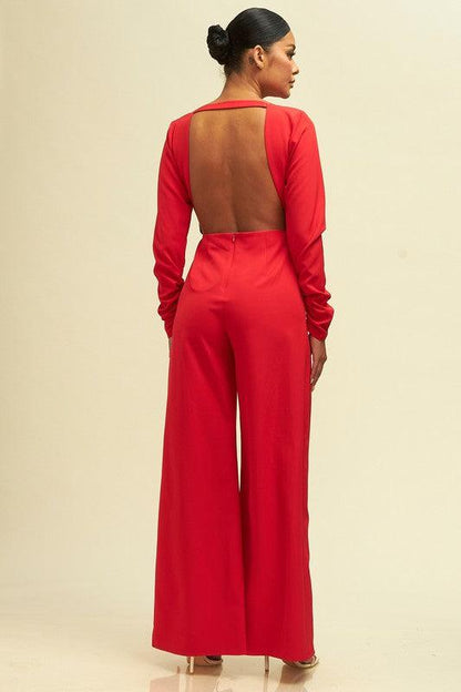 open back long sleeve split leg jumpsuit - RK Collections Boutique