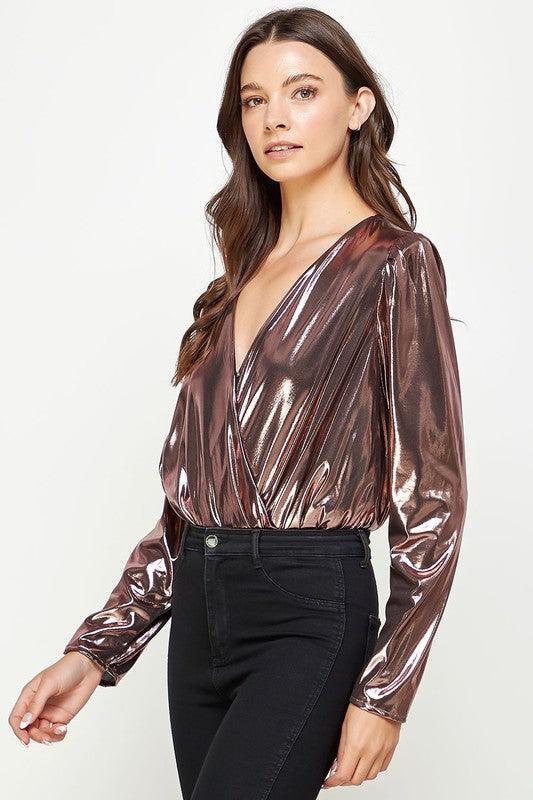 Metallic Long Sleeve Surplice Bodysuit - RK Collections Boutique