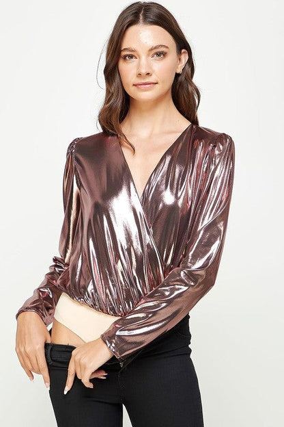 Metallic Long Sleeve Surplice Bodysuit - RK Collections Boutique