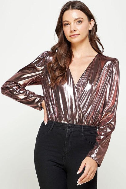 Metallic Long Sleeve Surplice Bodysuit - RK Collections Boutique