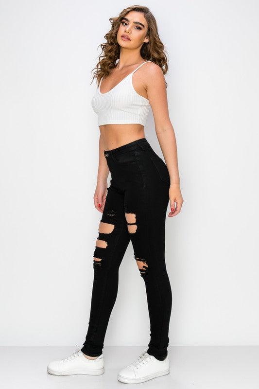 high waist stretch destroyed skinny jeans - RK Collections Boutique