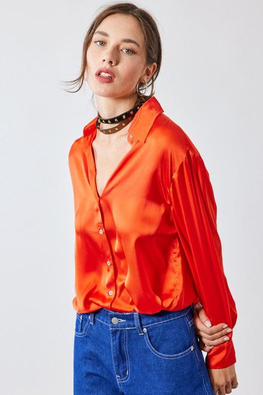 satin collared button down top - RK Collections Boutique