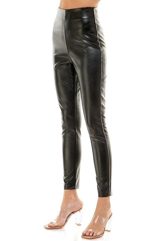 rhinestone side stripe faux leather skinny pants - RK Collections Boutique