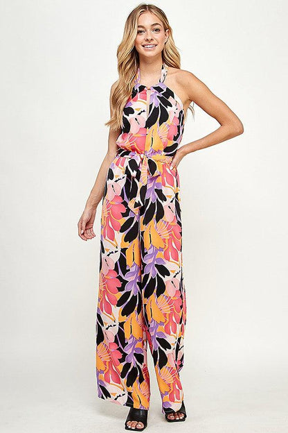 sleeveless floral printed halter jumpsuit - RK Collections Boutique