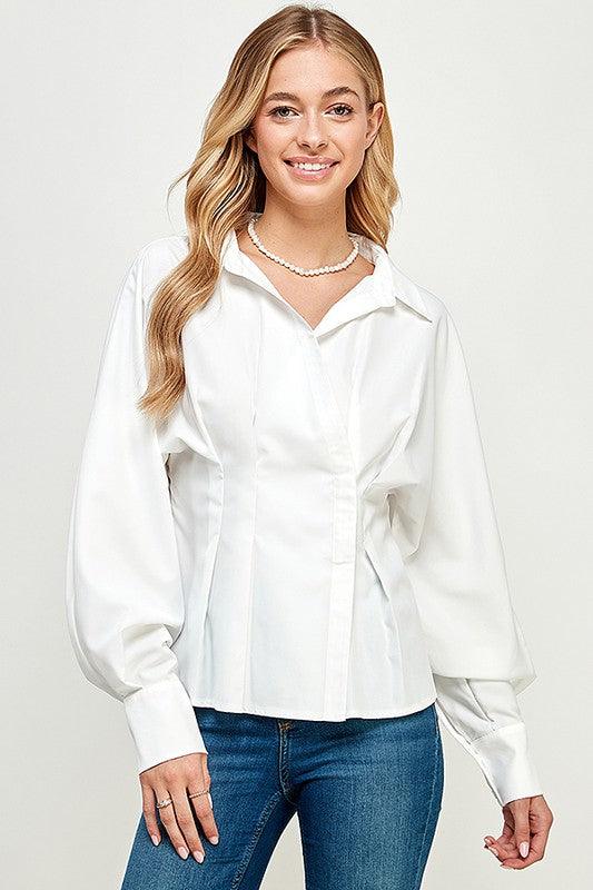 long sleeve pleated waist button down blouse - RK Collections Boutique