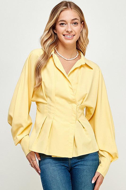 long sleeve pleated waist button down blouse - RK Collections Boutique