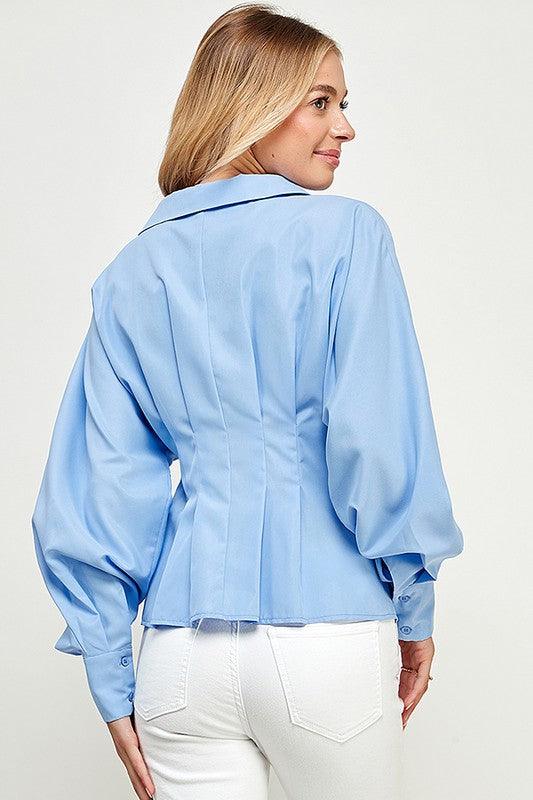 long sleeve pleated waist button down blouse - RK Collections Boutique