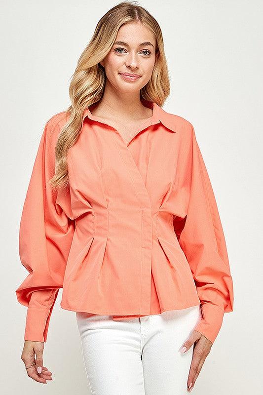 long sleeve pleated waist button down blouse - RK Collections Boutique