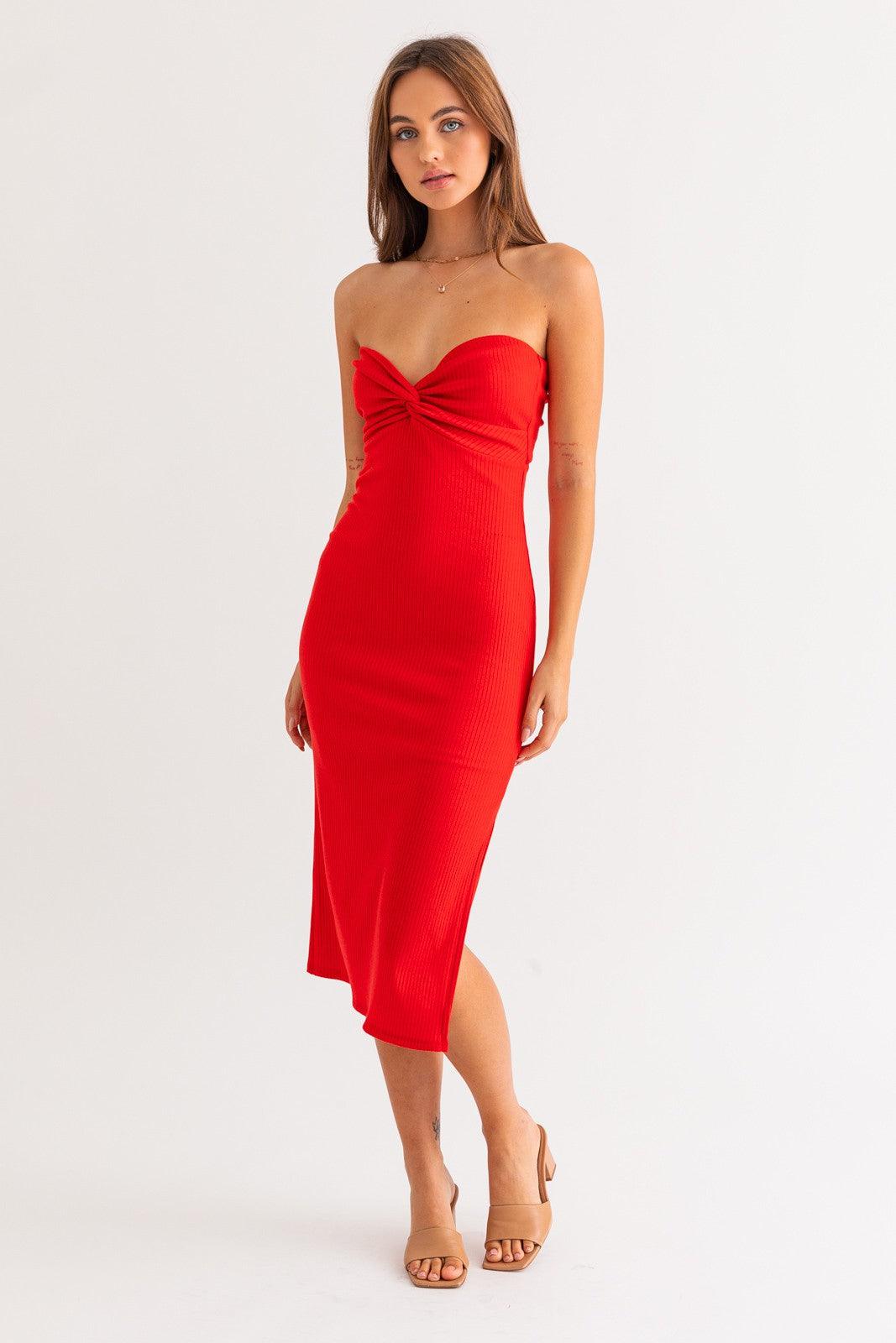 strapless twist front midi dress w/side slit - RK Collections Boutique