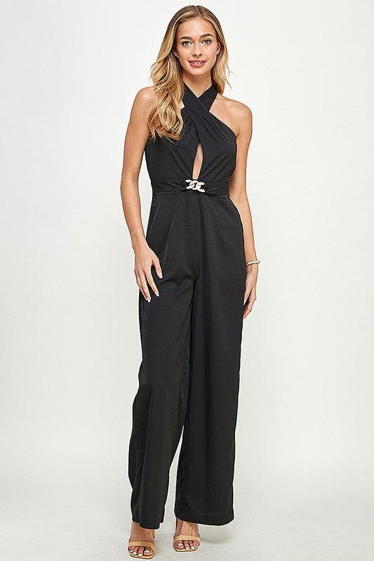 keyhole cross over halter sleeveless jumpsuit - RK Collections Boutique