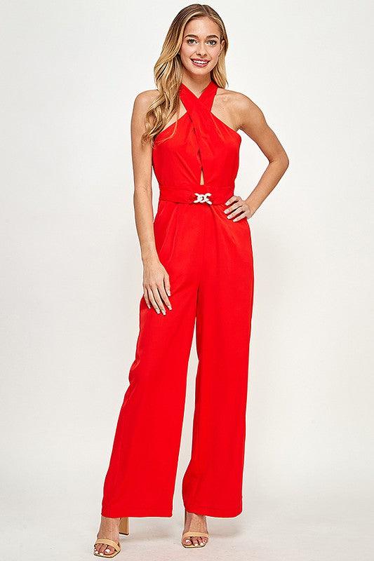 keyhole cross over halter sleeveless jumpsuit - RK Collections Boutique