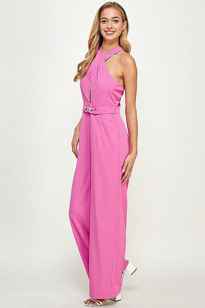 keyhole cross over halter sleeveless jumpsuit - RK Collections Boutique