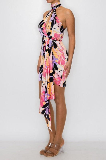 leaf print satin halter neck sleeveless dress - RK Collections Boutique