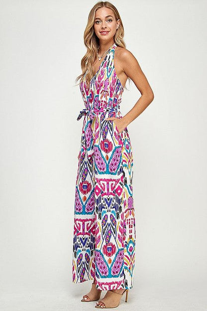 tribal print v-neck halter jumpsuit - RK Collections Boutique