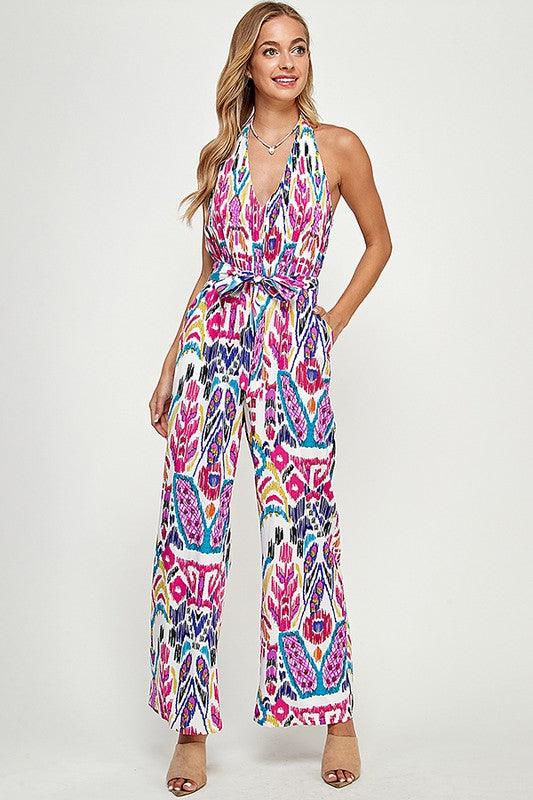 tribal print v-neck halter jumpsuit - RK Collections Boutique