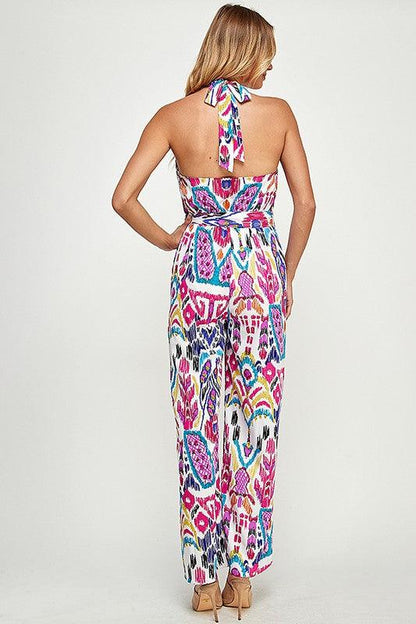 tribal print v-neck halter jumpsuit - RK Collections Boutique