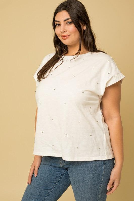 PLUS short sleeve boyfriend fit rhinestone shirt - RK Collections Boutique