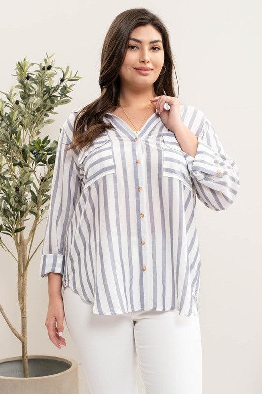 PLUS long sleeve striped button down w/pockets - RK Collections Boutique