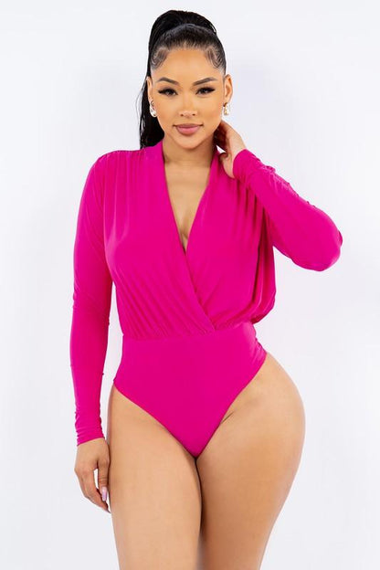 Double Layered Surplice Wrap Long Sleeve Bodysuit - RK Collections Boutique