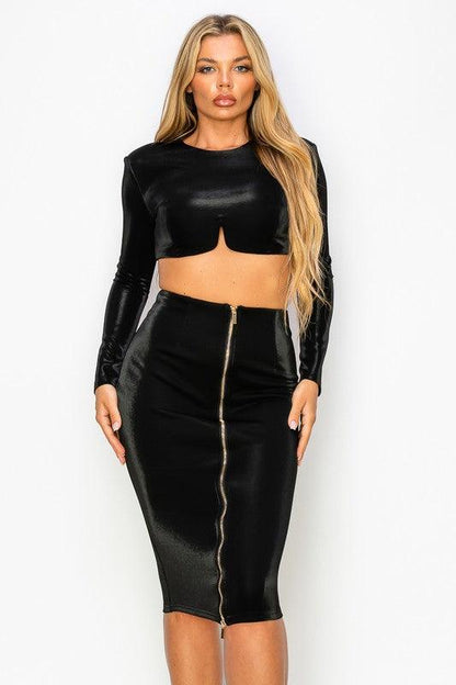 2pc set-long sleeve crop top & zip pencil skirt - RK Collections Boutique