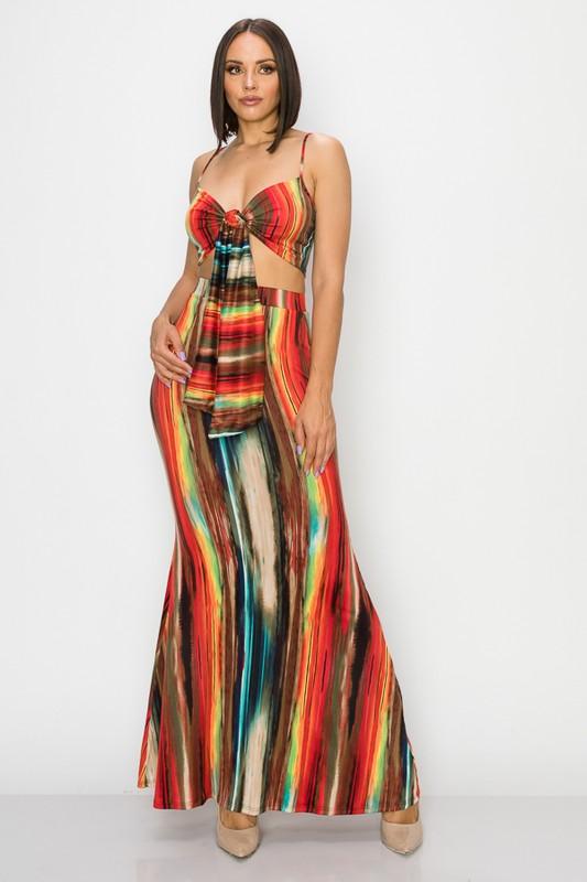 2pc set- print crop top & maxi skirt-Skirt Set-Magia-Rust Multi-MT-2428-B-1-RK Collections Boutique