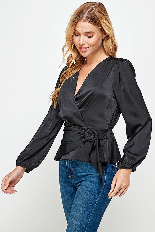 buckle wrap long sleeve peplum blouse - RK Collections Boutique