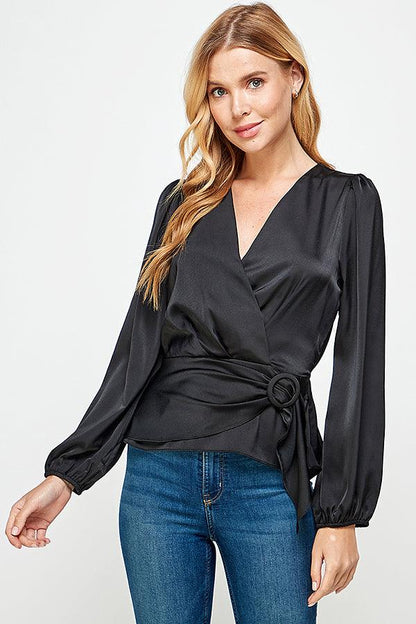 buckle wrap long sleeve peplum blouse - RK Collections Boutique